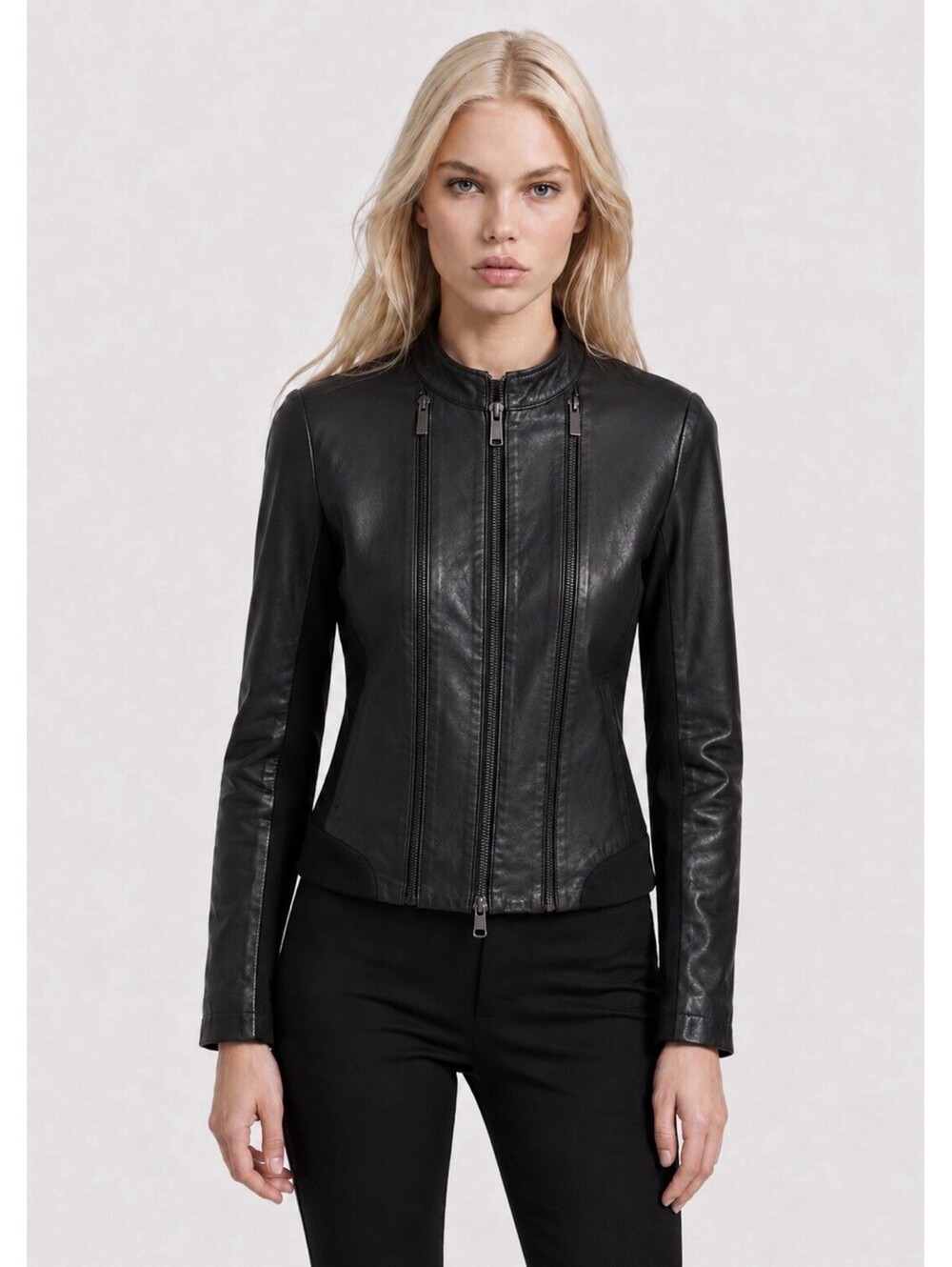 Bebe Woman's Genuine Leather Moto Jacket XS Black Y2K Mixed Media Knit Panel Zip
